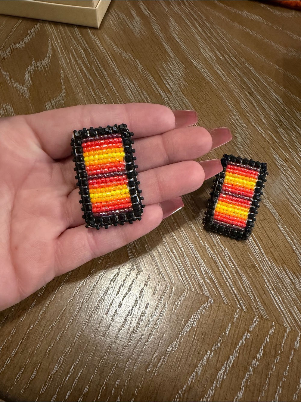 Handmade Beaded Rectangular Earrings in Red, Orange & Yellow - Picture 3 of 4